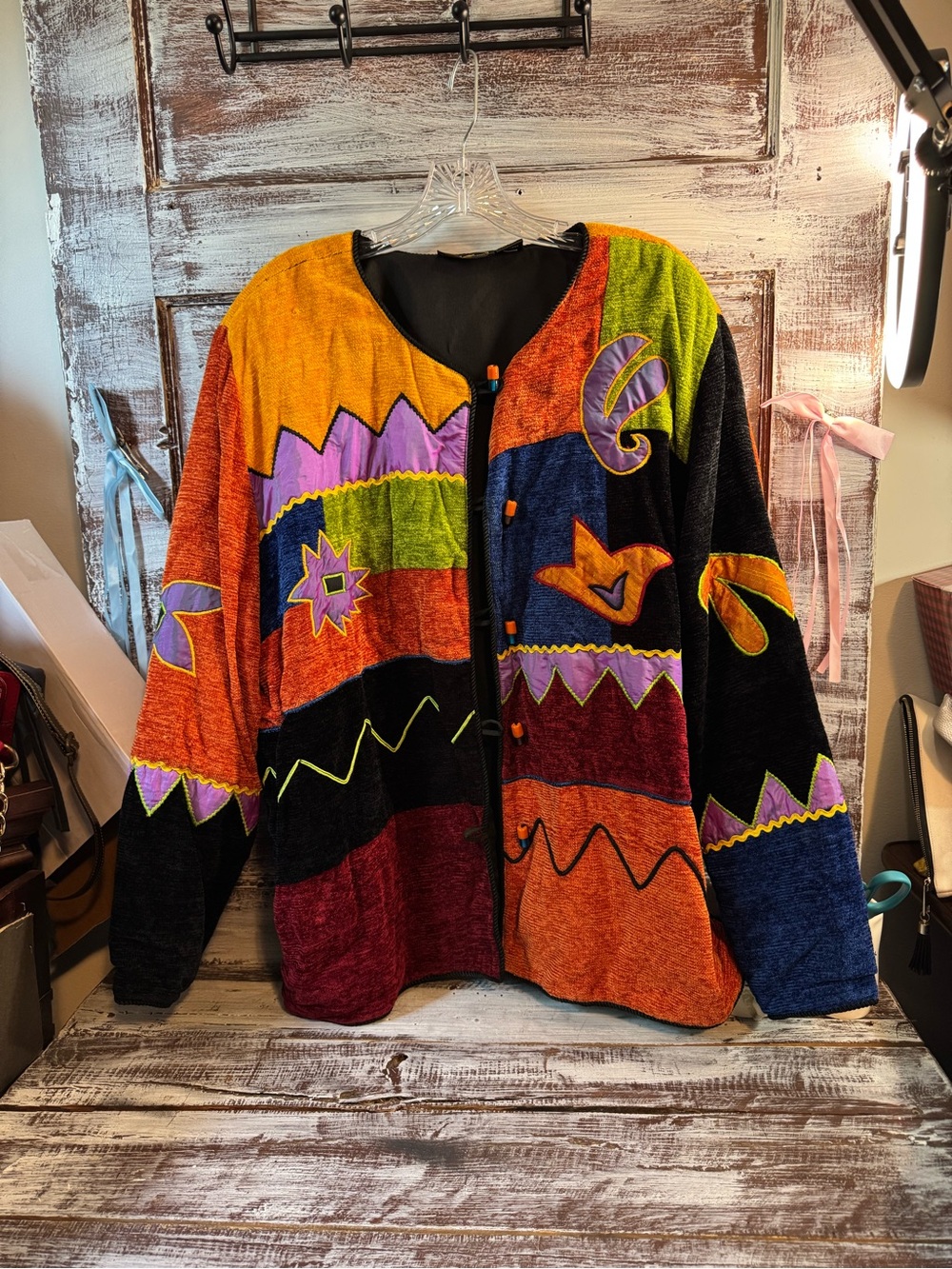 Allure Multicolor Patchwork Velvet Jacket - Orange, Black, Purple, Green, Blue